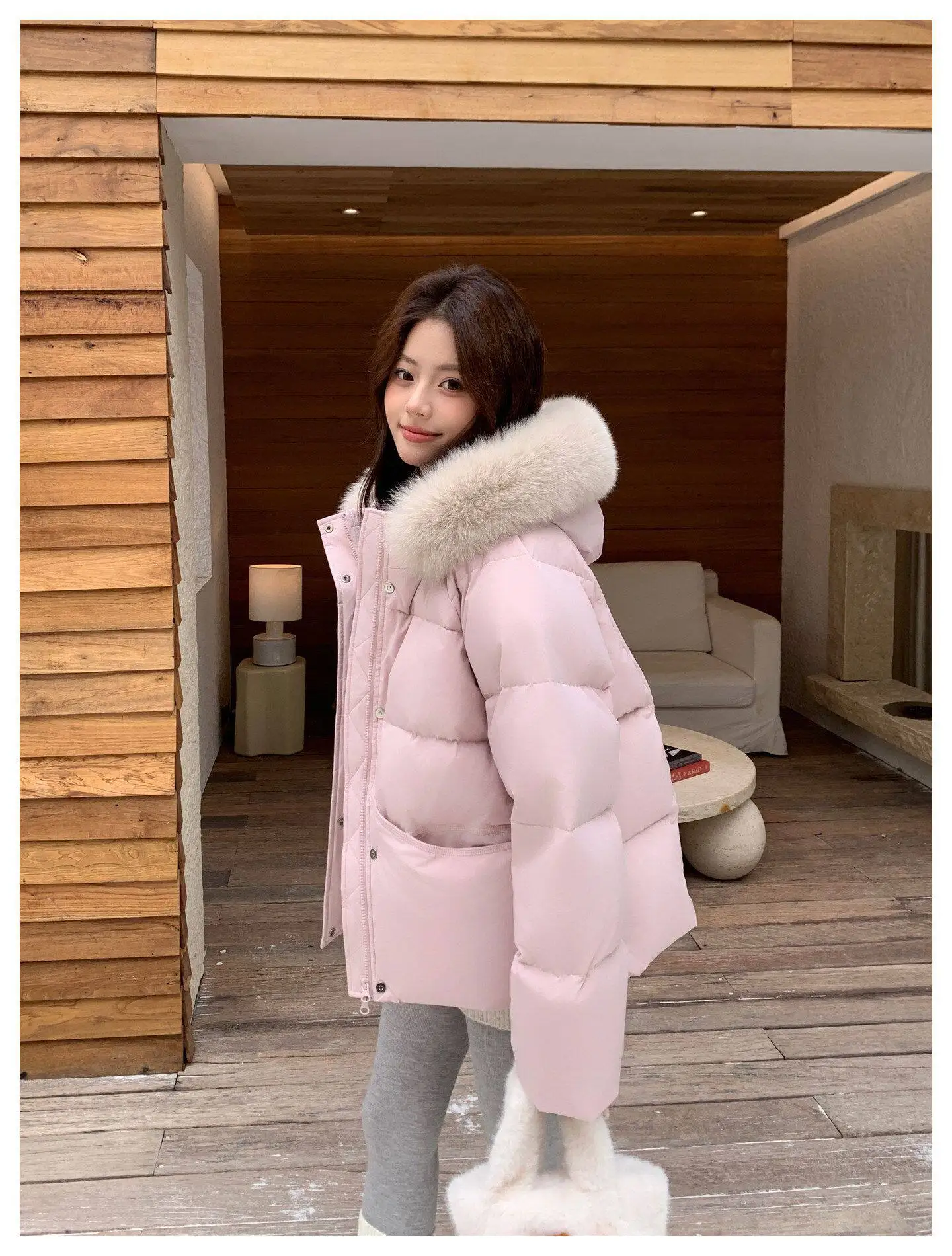 Fashion Faux Fur Collar Hooded Short Puffer Jacket Women 2026 Winter Thicken Parkas Woman Korean Solid Big Pocket Padded Coat