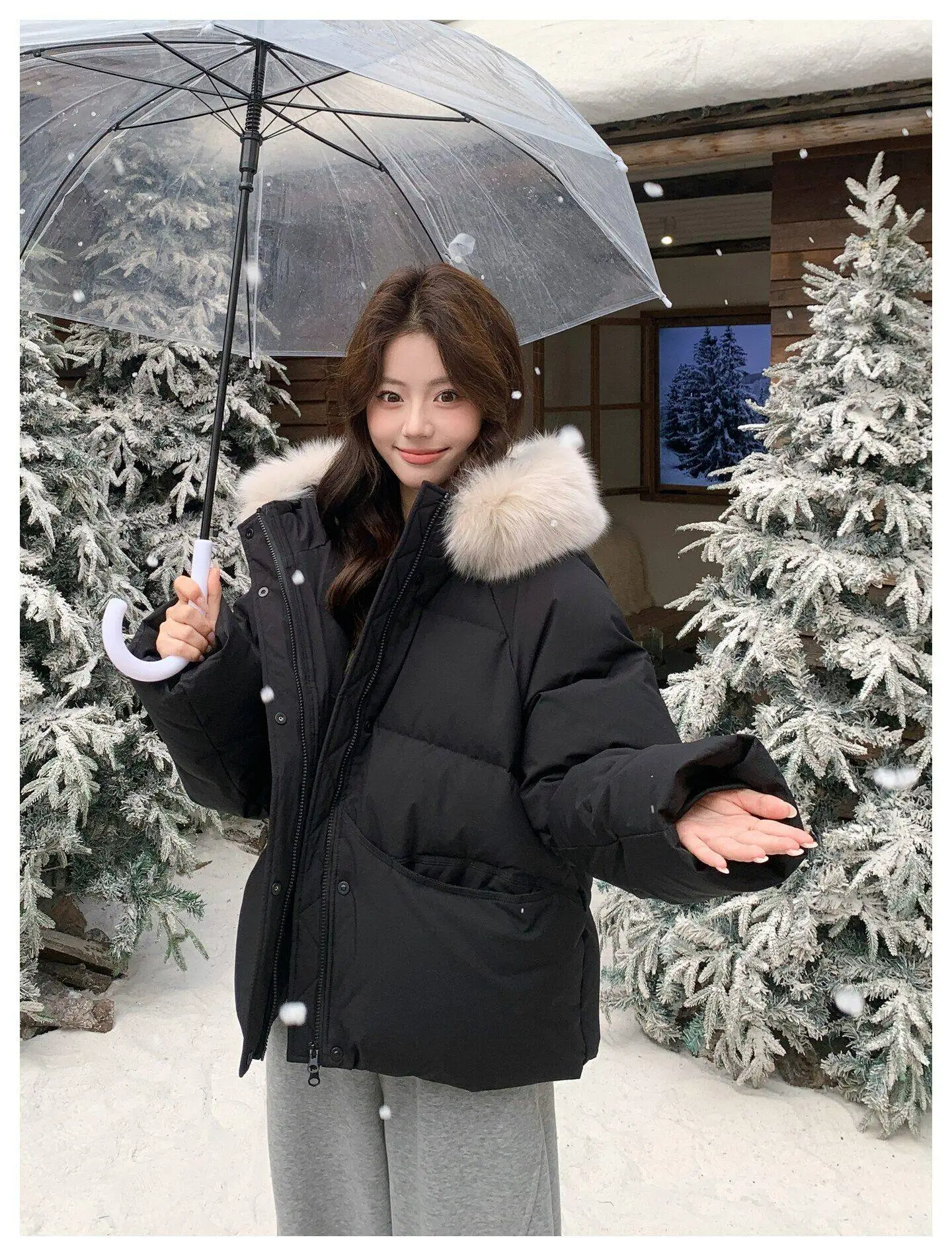 Fashion Faux Fur Collar Hooded Short Puffer Jacket Women 2026 Winter Thicken Parkas Woman Korean Solid Big Pocket Padded Coat