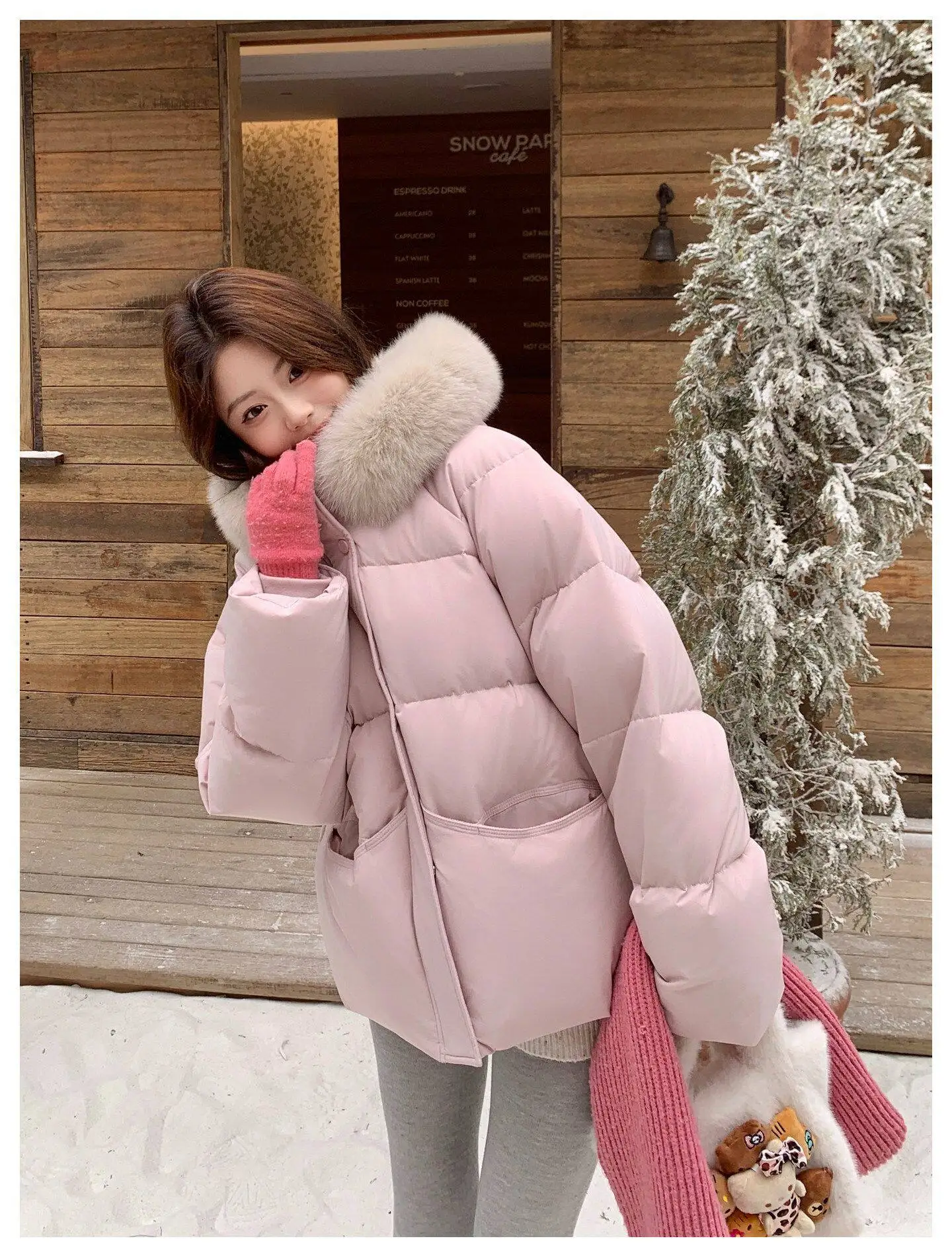 Fashion Faux Fur Collar Hooded Short Puffer Jacket Women 2026 Winter Thicken Parkas Woman Korean Solid Big Pocket Padded Coat