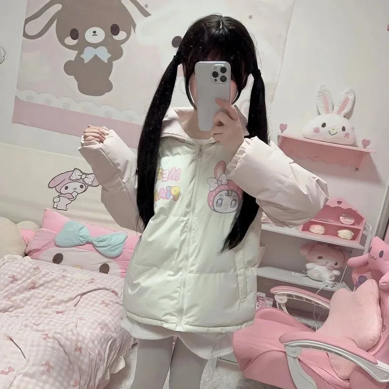 Winter Clothes for Women Japanese Cute Parkas Stand Neck Thicked Outerwear Contrast Color Cartoon Print Jackets Warm Cute Tops