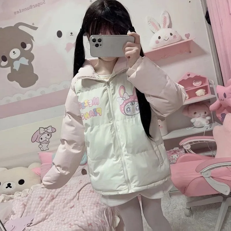 Winter Clothes for Women Japanese Cute Parkas Stand Neck Thicked Outerwear Contrast Color Cartoon Print Jackets Warm Cute Tops