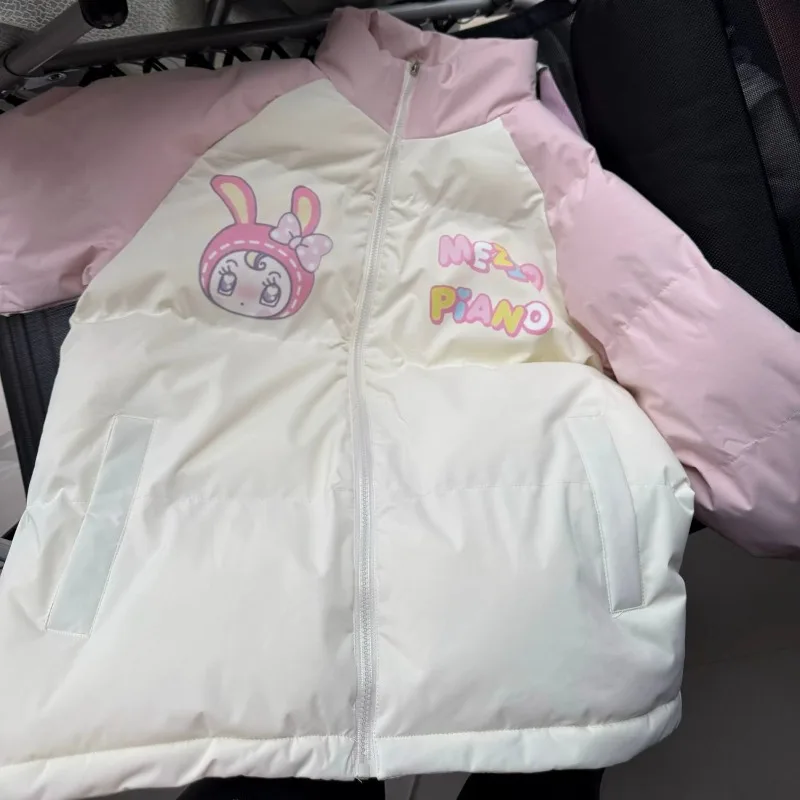 Winter Clothes for Women Japanese Cute Parkas Stand Neck Thicked Outerwear Contrast Color Cartoon Print Jackets Warm Cute Tops