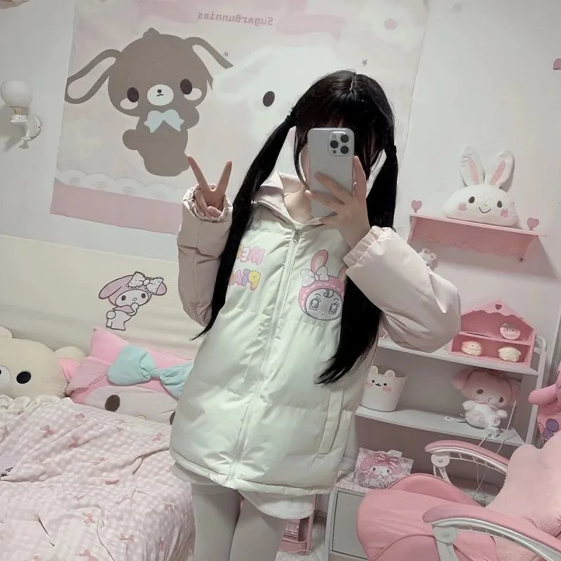 Winter Clothes for Women Japanese Cute Parkas Stand Neck Thicked Outerwear Contrast Color Cartoon Print Jackets Warm Cute Tops