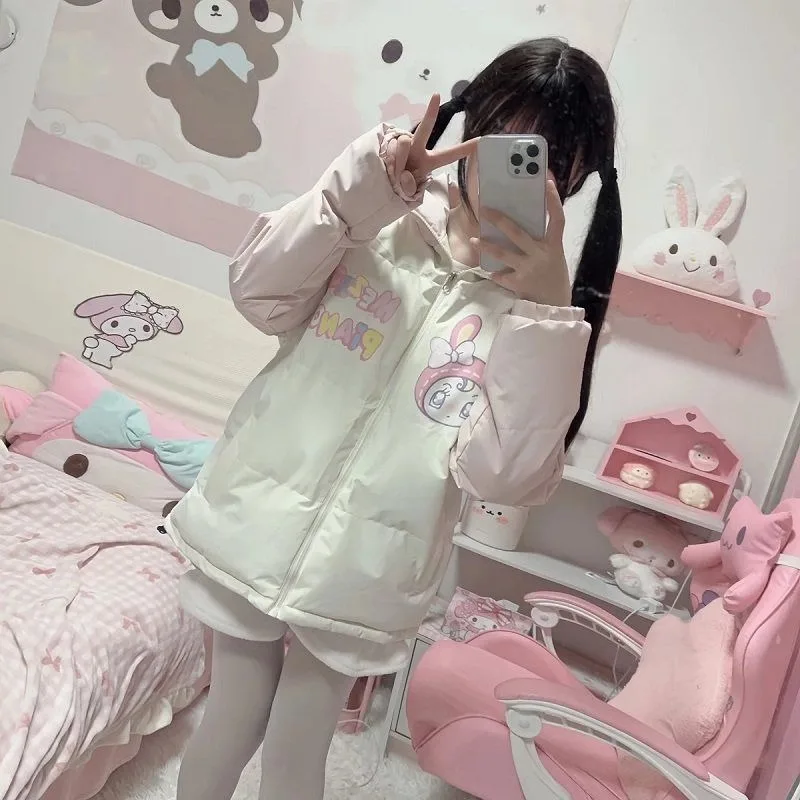 Winter Clothes for Women Japanese Cute Parkas Stand Neck Thicked Outerwear Contrast Color Cartoon Print Jackets Warm Cute Tops