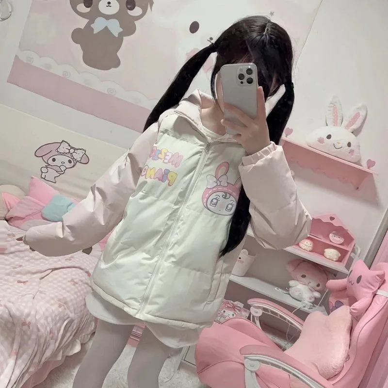 Winter Clothes for Women Japanese Cute Parkas Stand Neck Thicked Outerwear Contrast Color Cartoon Print Jackets Warm Cute Tops