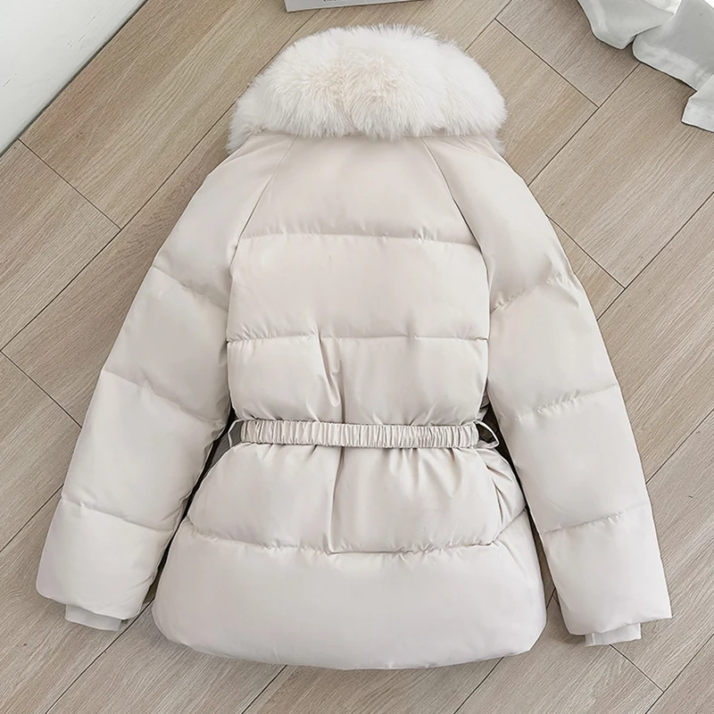 Luxury Faux Fur Turn Down Collar Parkas Women Waistband Thicken Warm Down Cotton Coats Woman Fashion Long Sleeve Puff Overcoat