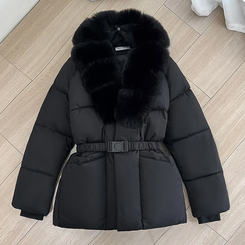 Luxury Faux Fur Turn Down Collar Parkas Women Waistband Thicken Warm Down Cotton Coats Woman Fashion Long Sleeve Puff Overcoat
