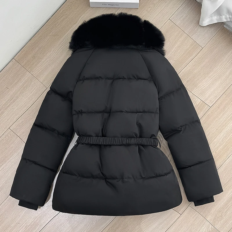 Luxury Faux Fur Turn Down Collar Parkas Women Waistband Thicken Warm Down Cotton Coats Woman Fashion Long Sleeve Puff Overcoat