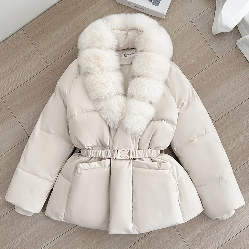 Luxury Faux Fur Turn Down Collar Parkas Women Waistband Thicken Warm Down Cotton Coats Woman Fashion Long Sleeve Puff Overcoat