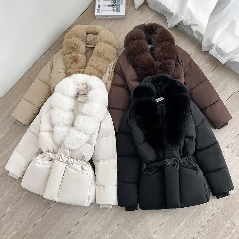 Luxury Faux Fur Turn Down Collar Parkas Women Waistband Thicken Warm Down Cotton Coats Woman Fashion Long Sleeve Puff Overcoat
