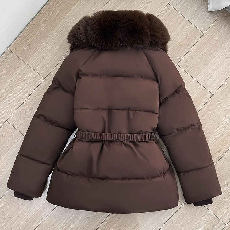 Luxury Faux Fur Turn Down Collar Parkas Women Waistband Thicken Warm Down Cotton Coats Woman Fashion Long Sleeve Puff Overcoat