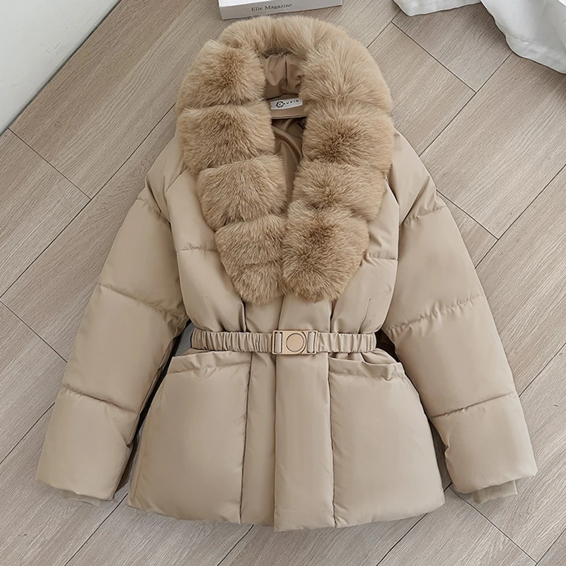 Luxury Faux Fur Turn Down Collar Parkas Women Waistband Thicken Warm Down Cotton Coats Woman Fashion Long Sleeve Puff Overcoat