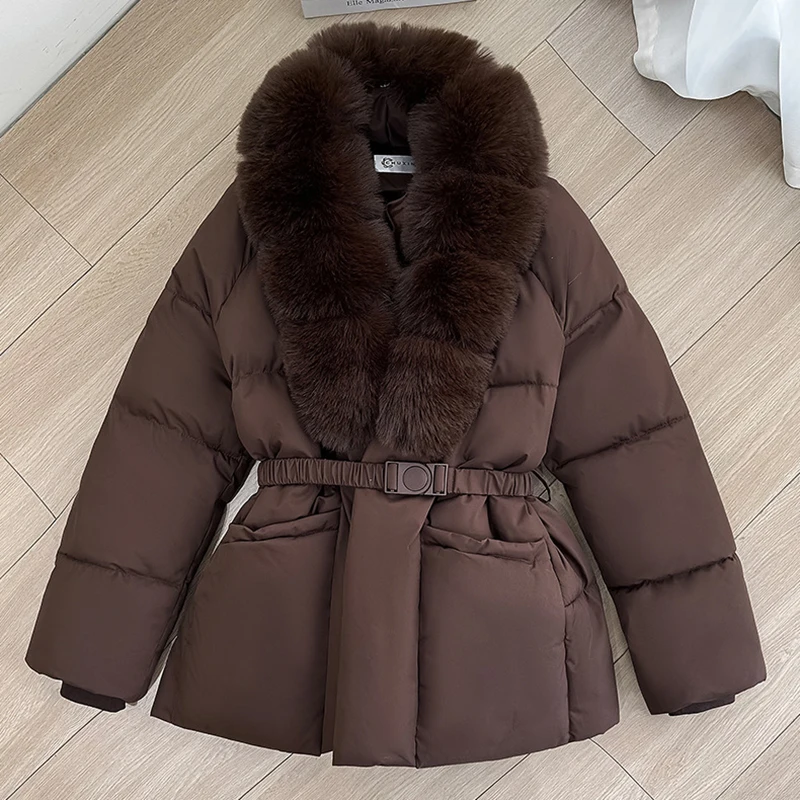 Luxury Faux Fur Turn Down Collar Parkas Women Waistband Thicken Warm Down Cotton Coats Woman Fashion Long Sleeve Puff Overcoat