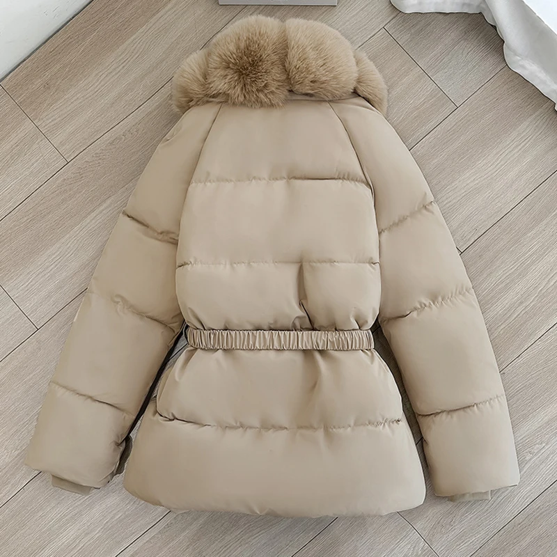 Luxury Faux Fur Turn Down Collar Parkas Women Waistband Thicken Warm Down Cotton Coats Woman Fashion Long Sleeve Puff Overcoat