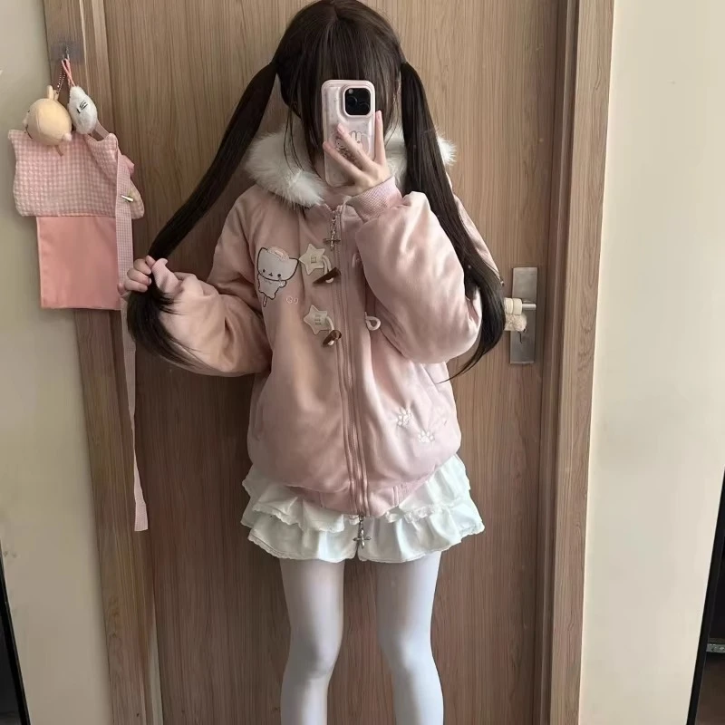 Japanese Kawaii Lolita Style Parkas Women Sweet Cartoon Cat Embroidery Casual Hooded Coat Girls Y2k Aesthetic Warm Plush Jacket