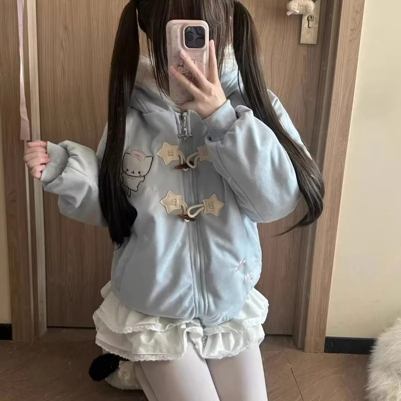 Japanese Kawaii Lolita Style Parkas Women Sweet Cartoon Cat Embroidery Casual Hooded Coat Girls Y2k Aesthetic Warm Plush Jacket