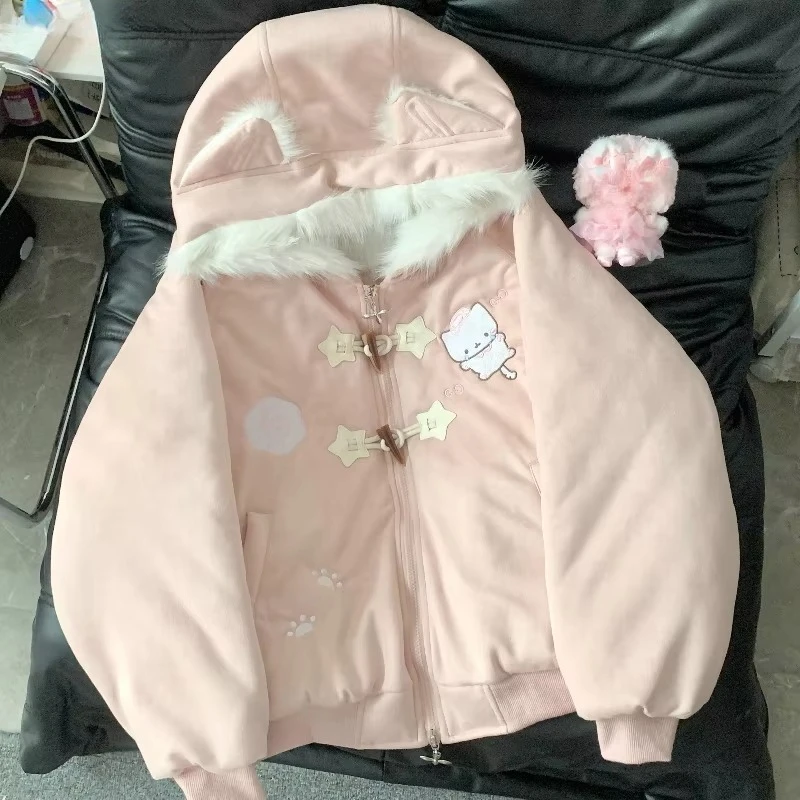 Japanese Kawaii Lolita Style Parkas Women Sweet Cartoon Cat Embroidery Casual Hooded Coat Girls Y2k Aesthetic Warm Plush Jacket