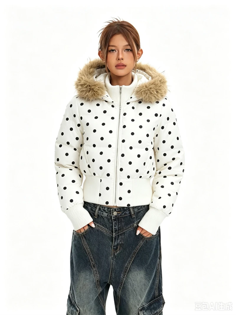 ZAROY Gothic Women Coat Y2K Polka Dot Hooded Zip Cropped Puffer Jacket American Retro Padded Warm Winter Parkas куртка женская