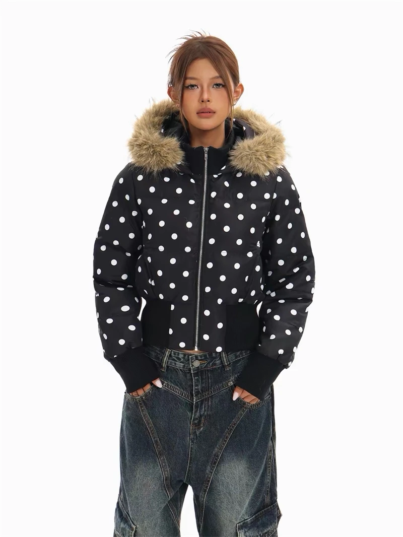 ZAROY Gothic Women Coat Y2K Polka Dot Hooded Zip Cropped Puffer Jacket American Retro Padded Warm Winter Parkas куртка женская
