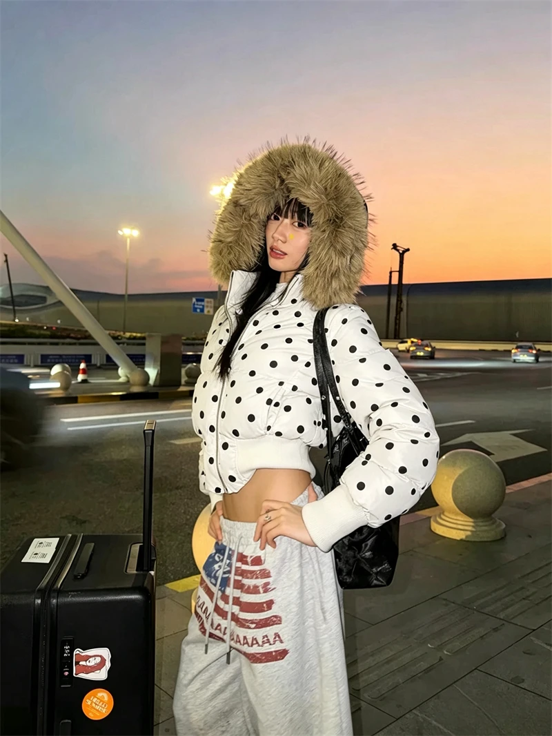 ZAROY Gothic Women Coat Y2K Polka Dot Hooded Zip Cropped Puffer Jacket American Retro Padded Warm Winter Parkas куртка женская
