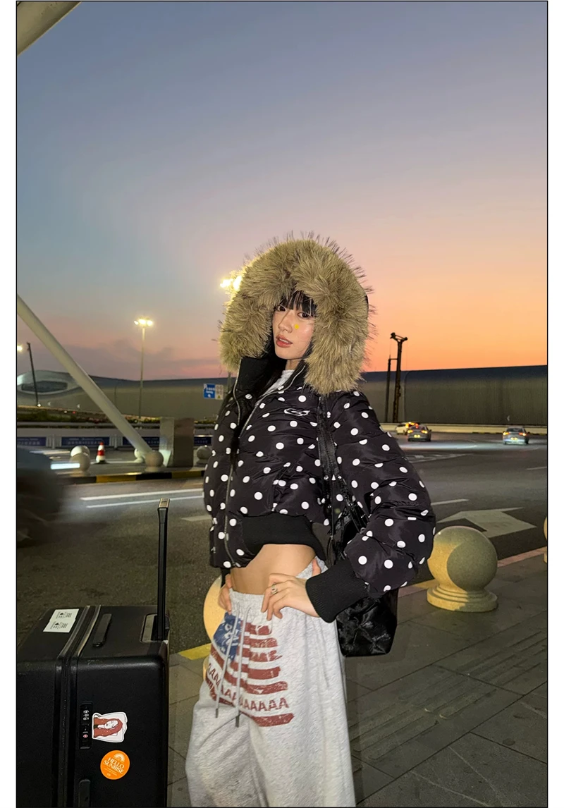 ZAROY Gothic Women Coat Y2K Polka Dot Hooded Zip Cropped Puffer Jacket American Retro Padded Warm Winter Parkas куртка женская