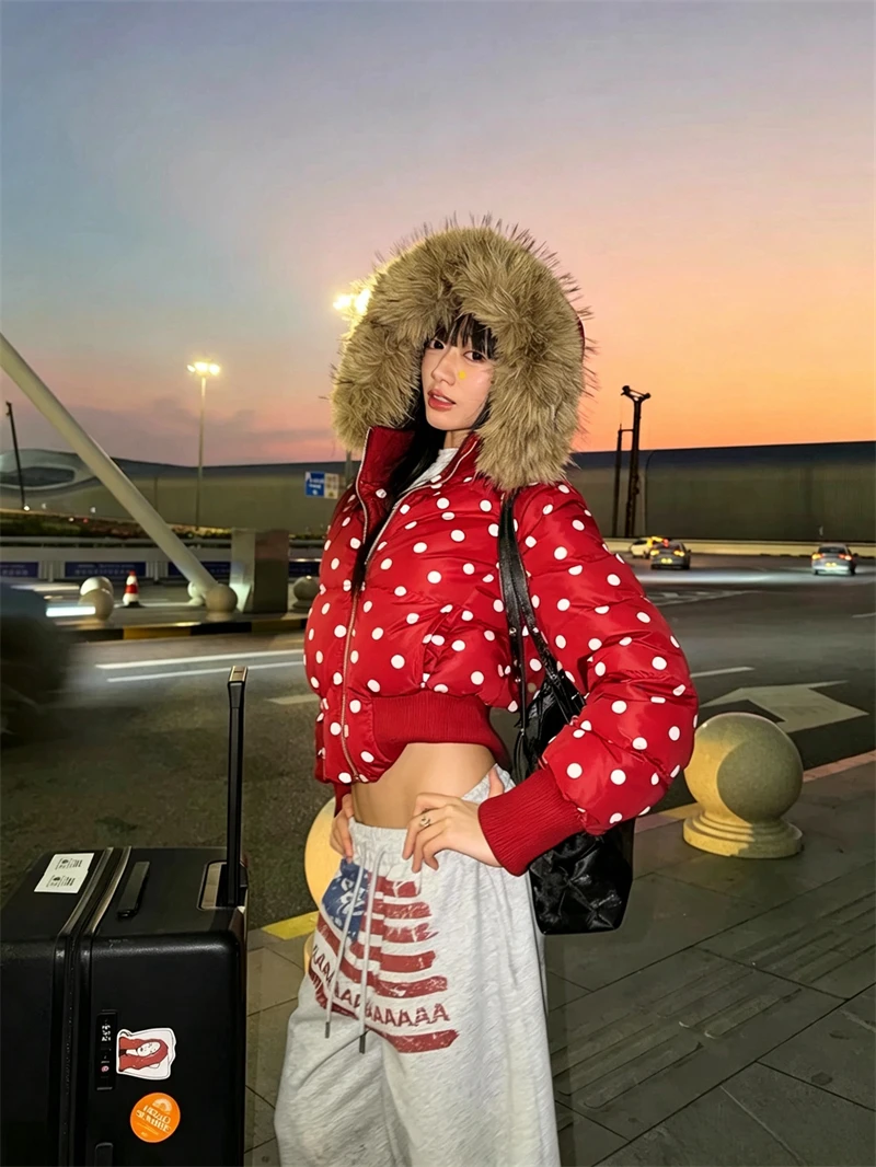 ZAROY Gothic Women Coat Y2K Polka Dot Hooded Zip Cropped Puffer Jacket American Retro Padded Warm Winter Parkas куртка женская