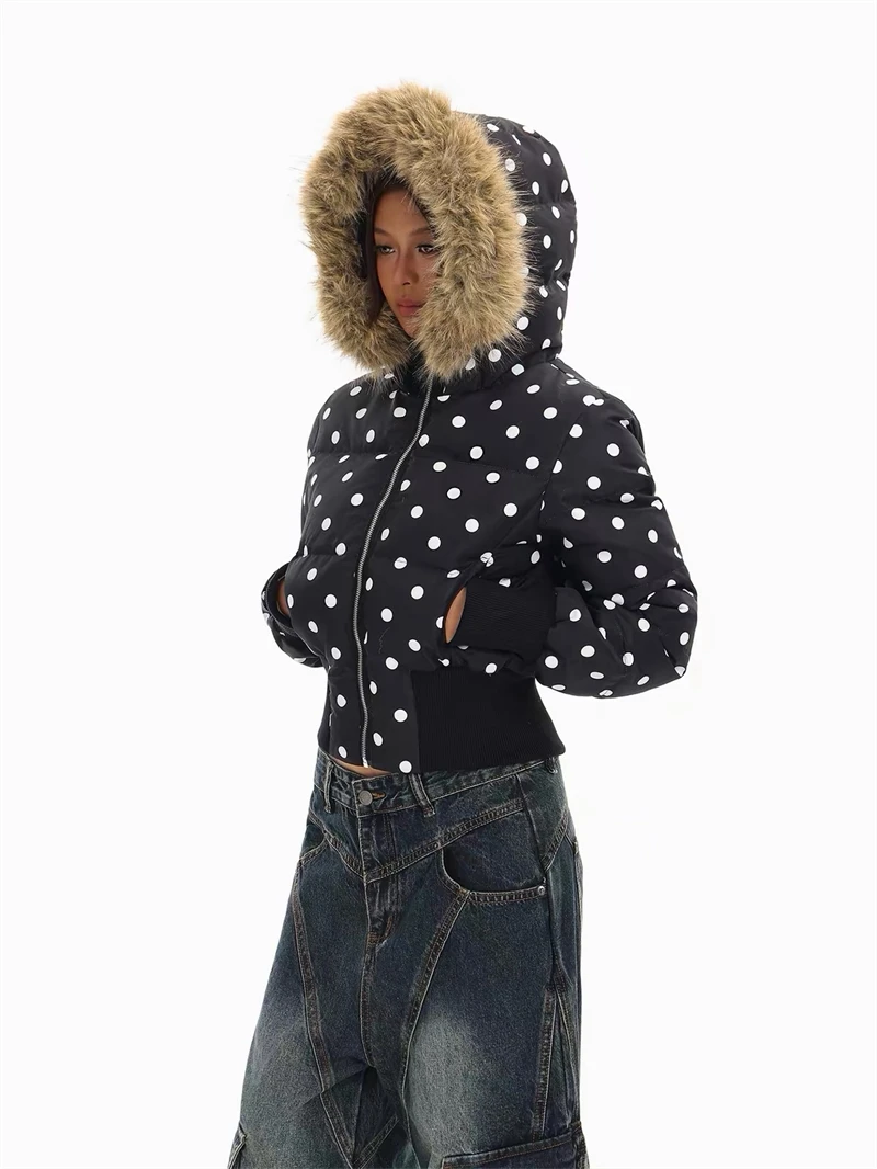 ZAROY Gothic Women Coat Y2K Polka Dot Hooded Zip Cropped Puffer Jacket American Retro Padded Warm Winter Parkas куртка женская