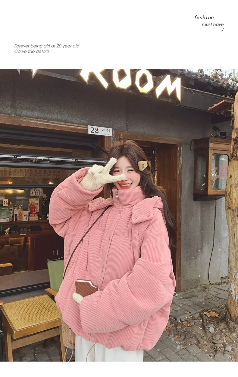Korean Pink Corduroy Hooded Padded Jacket for Women 2026 Winter Loose Warm Outerwear Female Solid Casual Zipper Cotton Jackets