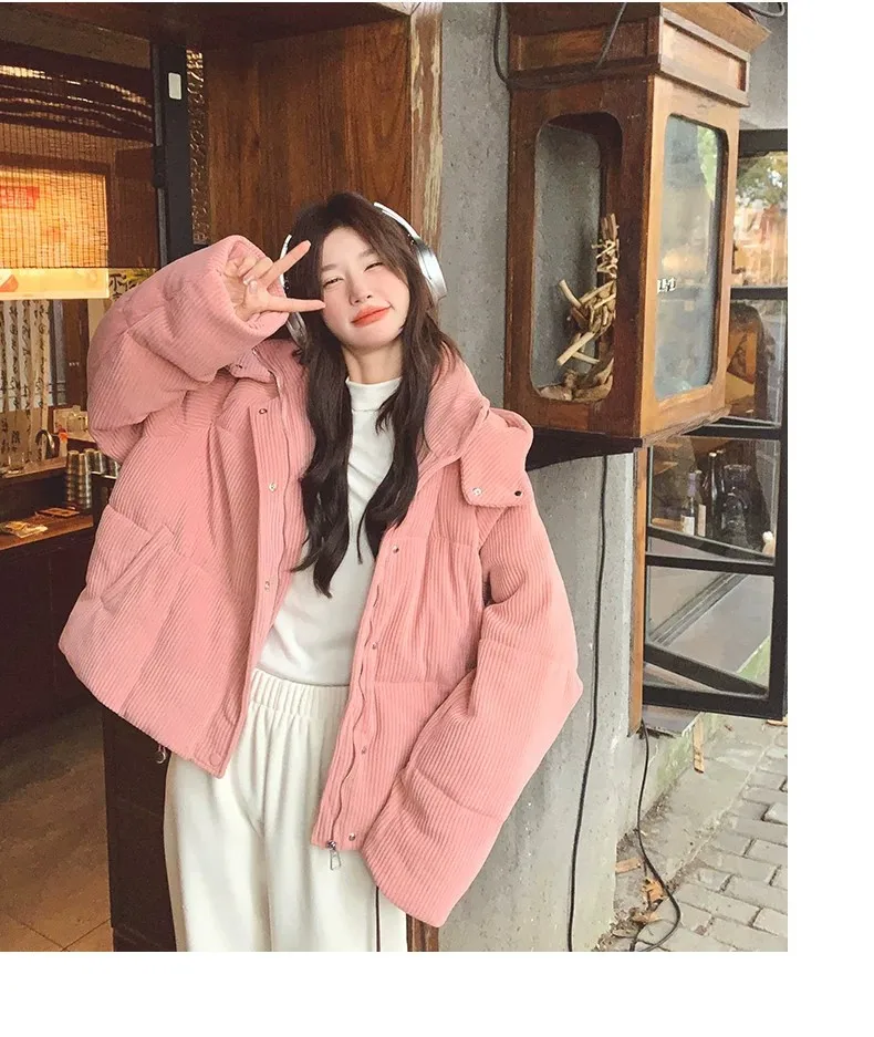 Korean Pink Corduroy Hooded Padded Jacket for Women 2026 Winter Loose Warm Outerwear Female Solid Casual Zipper Cotton Jackets