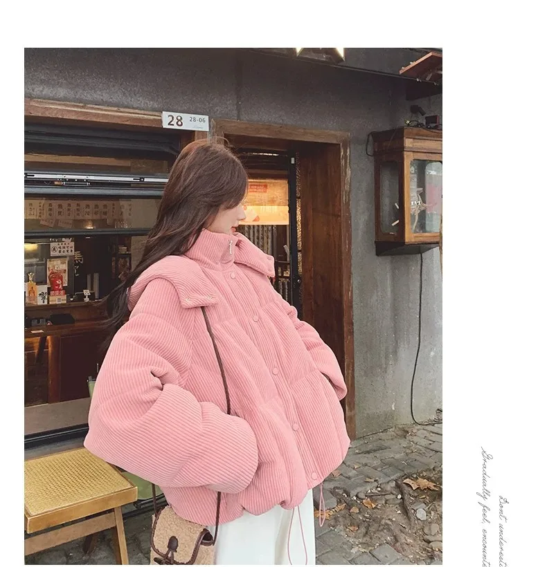 Korean Pink Corduroy Hooded Padded Jacket for Women 2026 Winter Loose Warm Outerwear Female Solid Casual Zipper Cotton Jackets