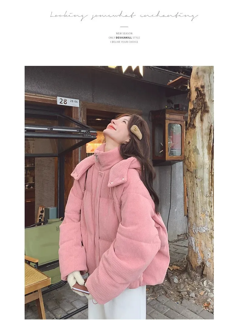 Korean Pink Corduroy Hooded Padded Jacket for Women 2026 Winter Loose Warm Outerwear Female Solid Casual Zipper Cotton Jackets