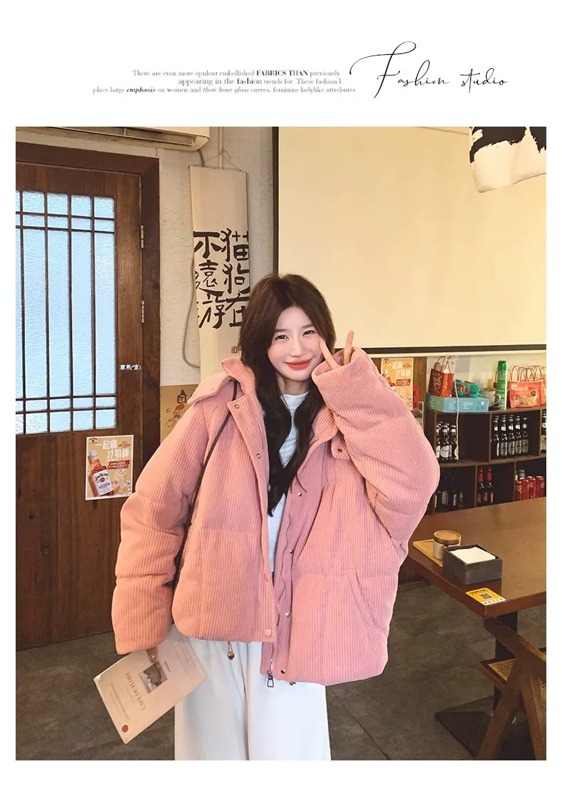 Korean Pink Corduroy Hooded Padded Jacket for Women 2026 Winter Loose Warm Outerwear Female Solid Casual Zipper Cotton Jackets