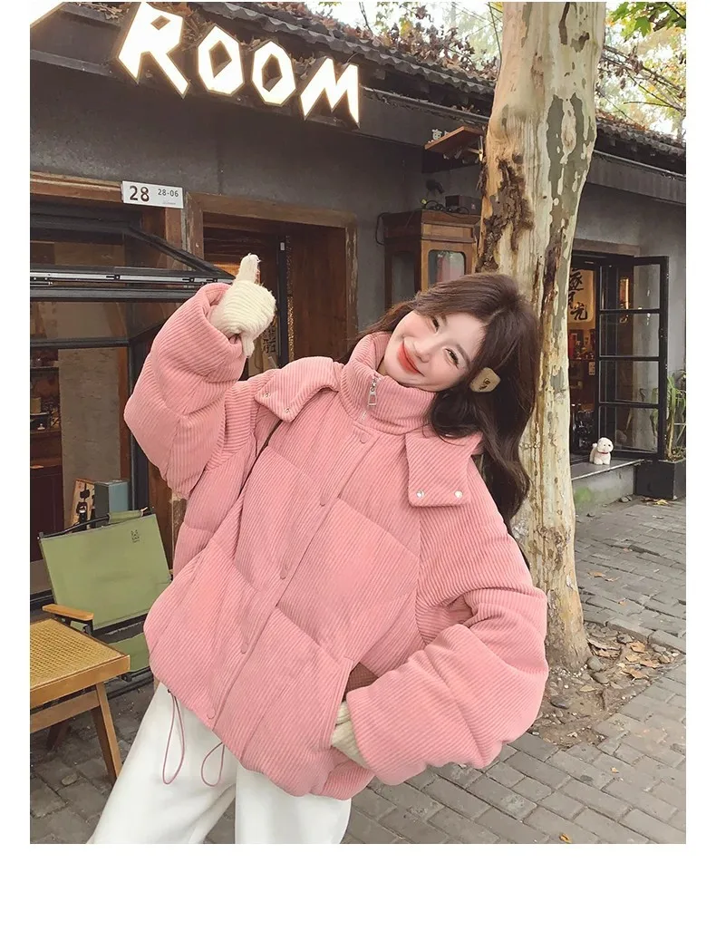 Korean Pink Corduroy Hooded Padded Jacket for Women 2026 Winter Loose Warm Outerwear Female Solid Casual Zipper Cotton Jackets