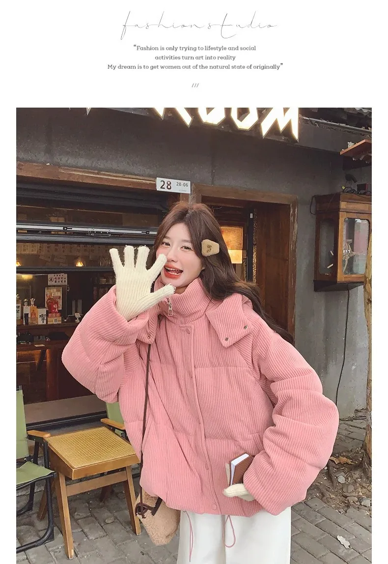 Korean Pink Corduroy Hooded Padded Jacket for Women 2026 Winter Loose Warm Outerwear Female Solid Casual Zipper Cotton Jackets