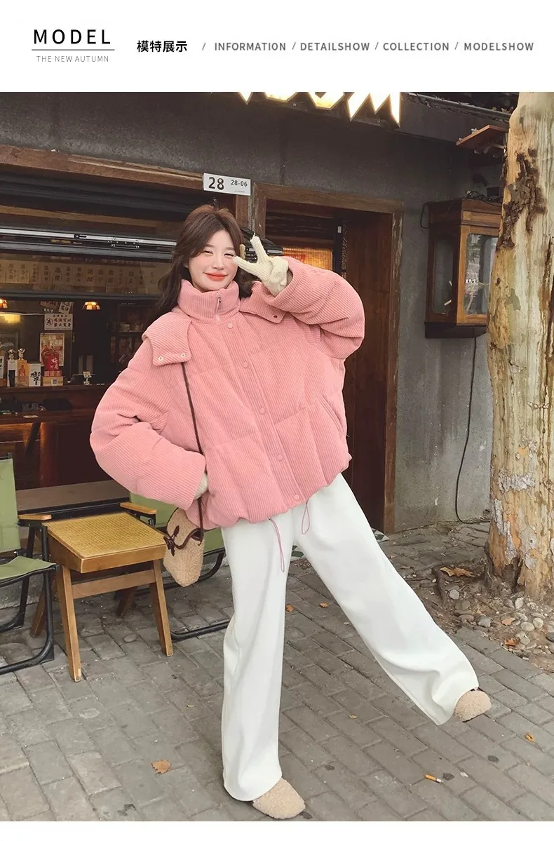Korean Pink Corduroy Hooded Padded Jacket for Women 2026 Winter Loose Warm Outerwear Female Solid Casual Zipper Cotton Jackets