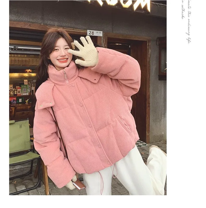 Korean Pink Corduroy Hooded Padded Jacket for Women 2026 Winter Loose Warm Outerwear Female Solid Casual Zipper Cotton Jackets