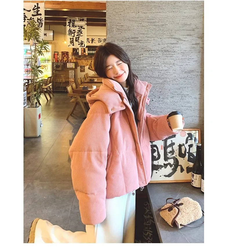 Korean Pink Corduroy Hooded Padded Jacket for Women 2026 Winter Loose Warm Outerwear Female Solid Casual Zipper Cotton Jackets