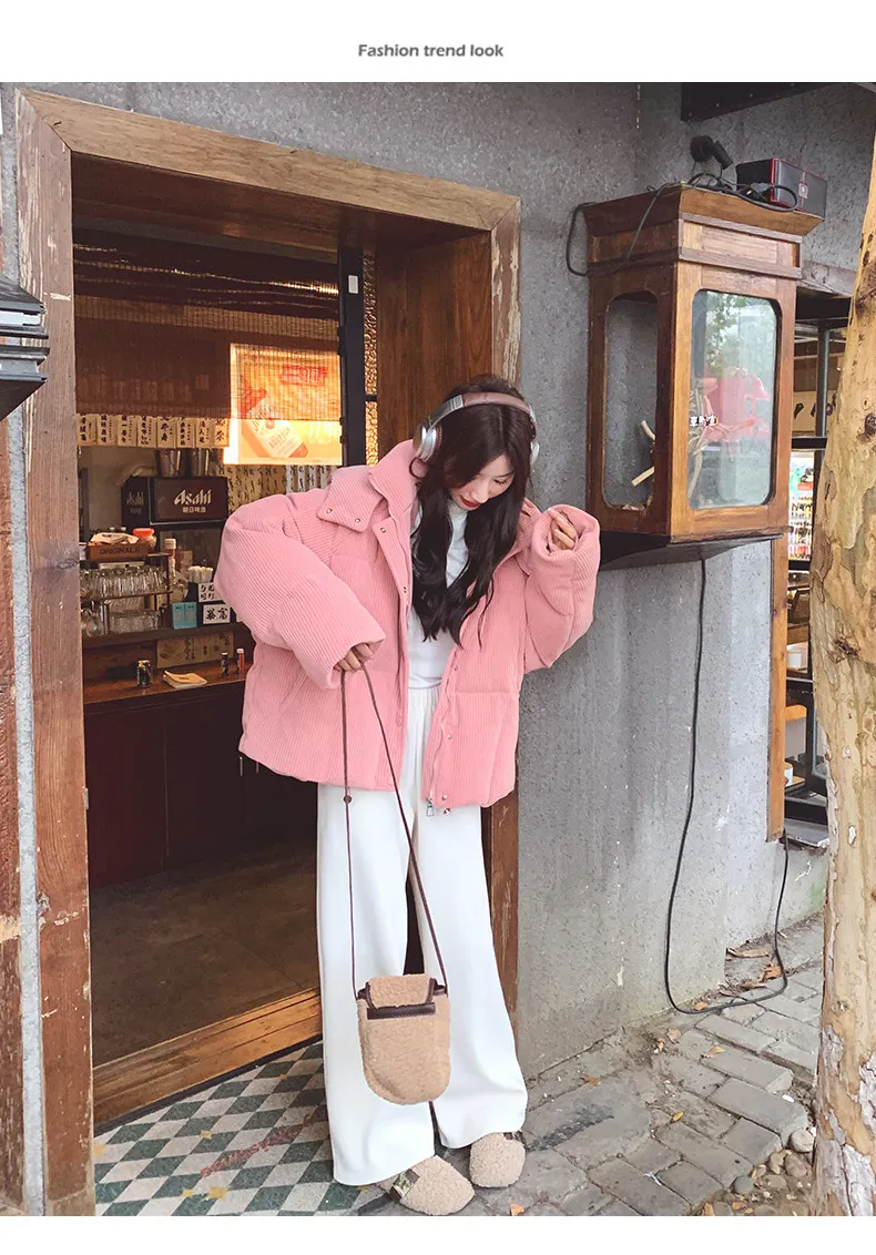 Korean Pink Corduroy Hooded Padded Jacket for Women 2026 Winter Loose Warm Outerwear Female Solid Casual Zipper Cotton Jackets