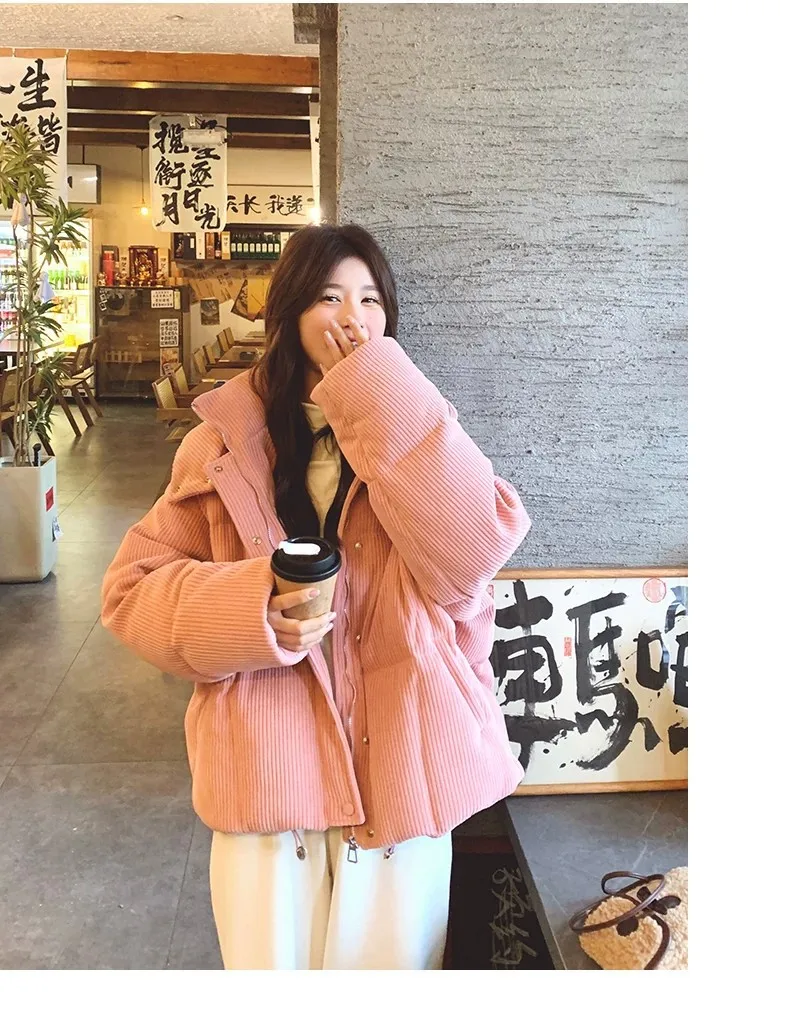 Korean Pink Corduroy Hooded Padded Jacket for Women 2026 Winter Loose Warm Outerwear Female Solid Casual Zipper Cotton Jackets