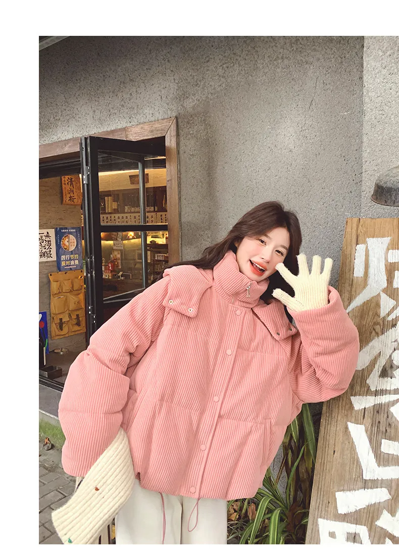 Korean Pink Corduroy Hooded Padded Jacket for Women 2026 Winter Loose Warm Outerwear Female Solid Casual Zipper Cotton Jackets