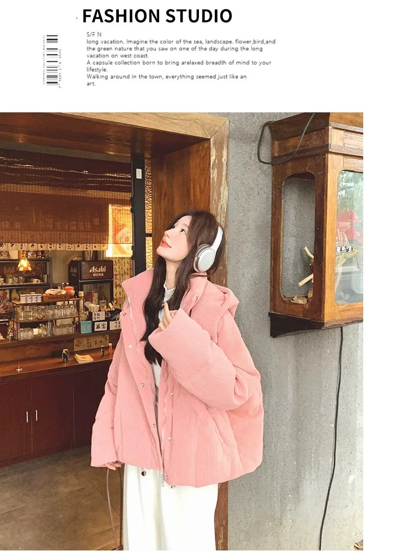 Korean Pink Corduroy Hooded Padded Jacket for Women 2026 Winter Loose Warm Outerwear Female Solid Casual Zipper Cotton Jackets