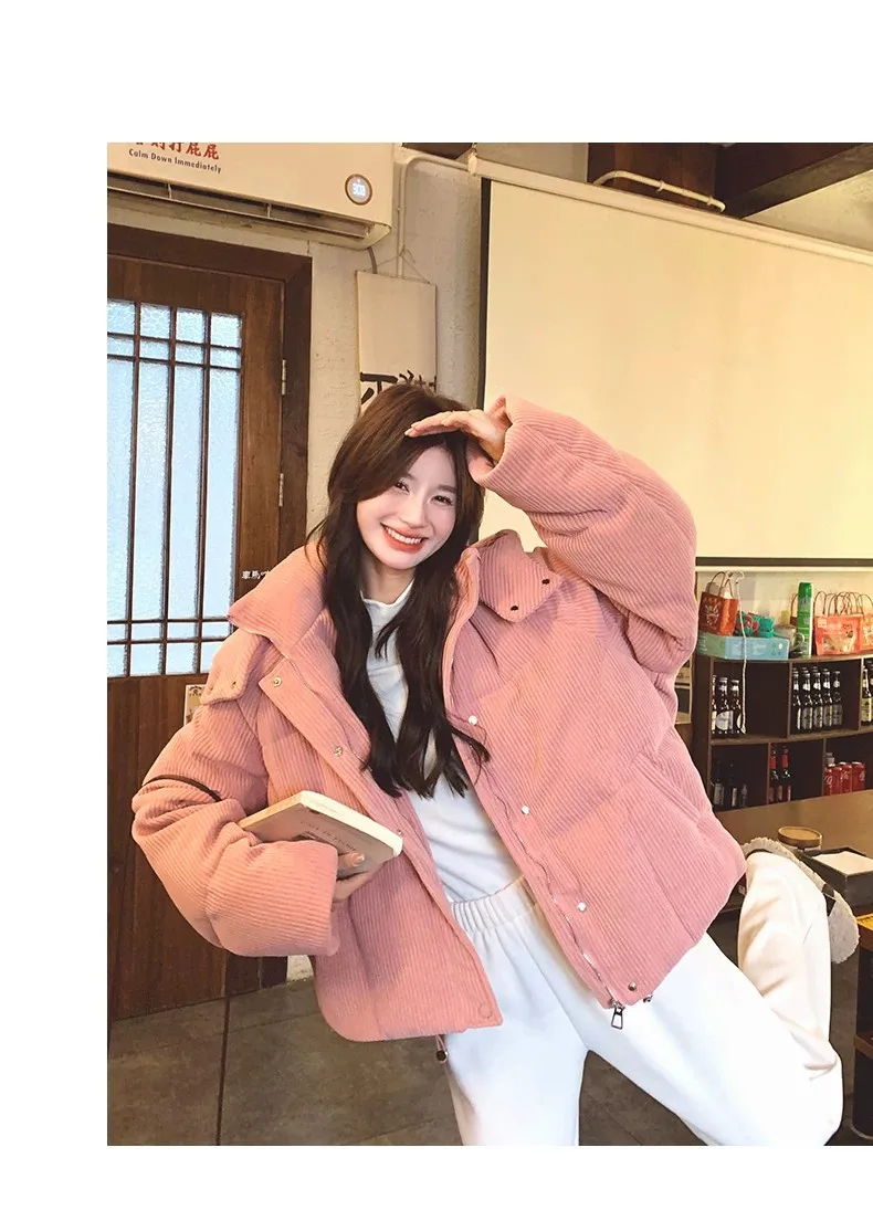 Korean Pink Corduroy Hooded Padded Jacket for Women 2026 Winter Loose Warm Outerwear Female Solid Casual Zipper Cotton Jackets