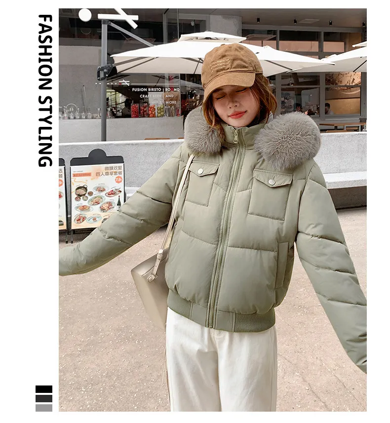 Fashion Multi Pockets Hooded Parkas for Women Winter Thick Warm Padded Jacket Female Solid Color Korean Cropped Puffer Jackets