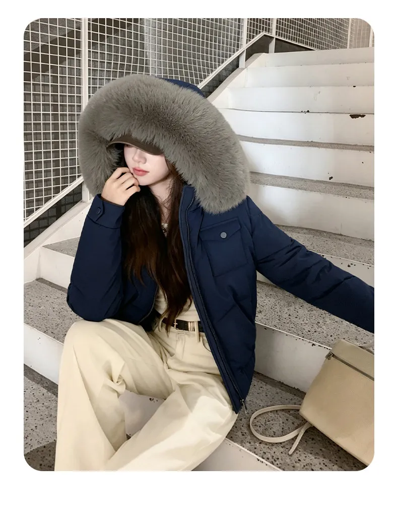 Fashion Multi Pockets Hooded Parkas for Women Winter Thick Warm Padded Jacket Female Solid Color Korean Cropped Puffer Jackets