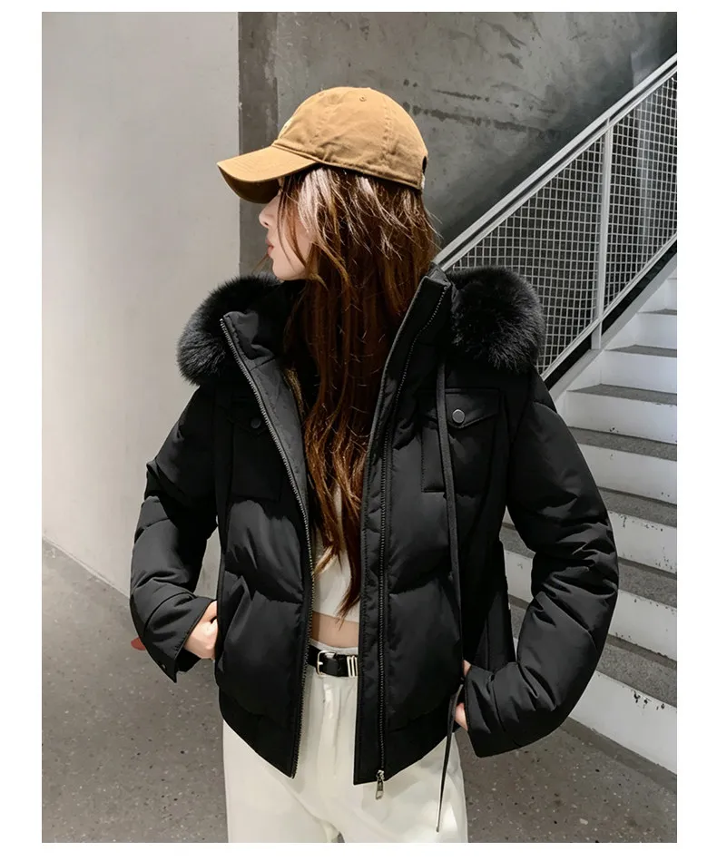 Fashion Multi Pockets Hooded Parkas for Women Winter Thick Warm Padded Jacket Female Solid Color Korean Cropped Puffer Jackets