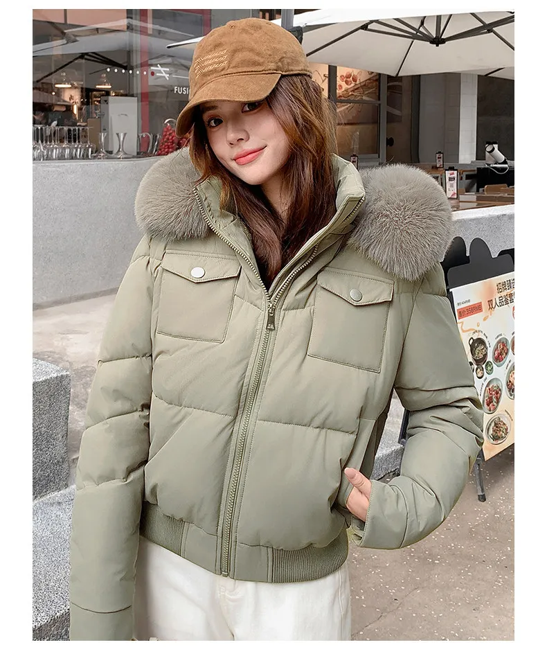 Fashion Multi Pockets Hooded Parkas for Women Winter Thick Warm Padded Jacket Female Solid Color Korean Cropped Puffer Jackets