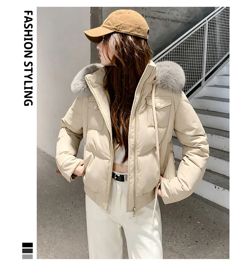 Fashion Multi Pockets Hooded Parkas for Women Winter Thick Warm Padded Jacket Female Solid Color Korean Cropped Puffer Jackets