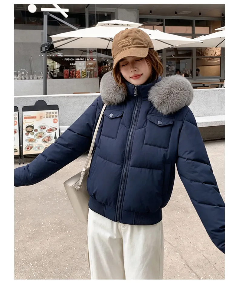 Fashion Multi Pockets Hooded Parkas for Women Winter Thick Warm Padded Jacket Female Solid Color Korean Cropped Puffer Jackets