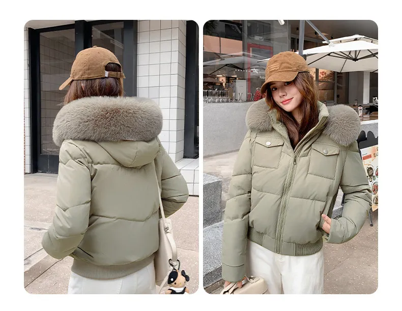 Fashion Multi Pockets Hooded Parkas for Women Winter Thick Warm Padded Jacket Female Solid Color Korean Cropped Puffer Jackets