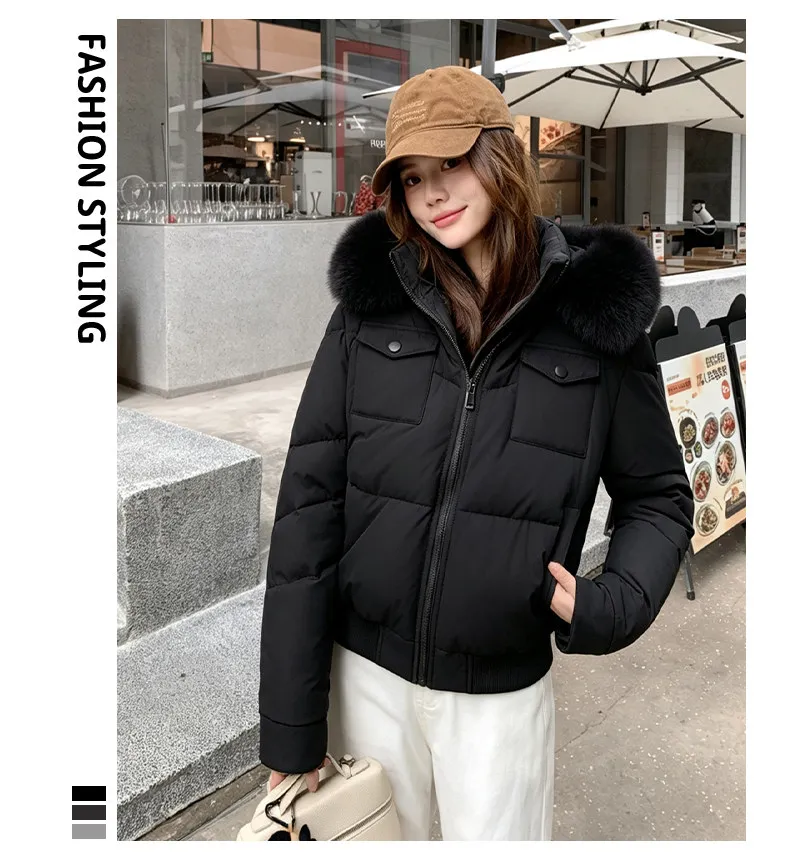 Fashion Multi Pockets Hooded Parkas for Women Winter Thick Warm Padded Jacket Female Solid Color Korean Cropped Puffer Jackets